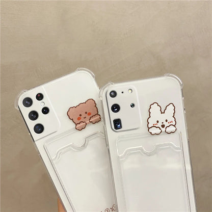 ✨ Adorable Transparent Bear Card Holder Case for Samsung Galaxy S22/S21/S20 FE/S10/S10e/Note 10/20 Plus Ultra 🐻💕