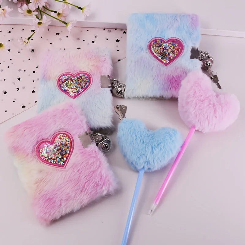 Heart Shaped Notebook Set With Plush Diary And Heart Pen 📝💖 Cute School Gift