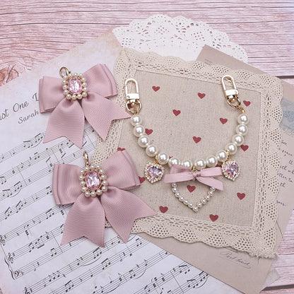 Kawaii Pearl Bow Rhinestone Love Pendant Bag Charm 🎀 | Handmade Japanese Sweet Accessories for Girls 💖✨