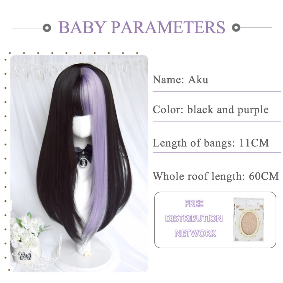 Kawaii Long Black & Red Wavy Wig 💖✨ - Cosplay & Daily Use with Bangs 🎀 | Harajuku Style!