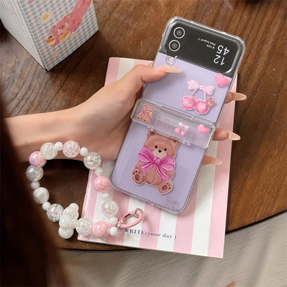 🐻✨ Adorable Bear Hinge Phone Case for Samsung Galaxy Z Flip 6/5/4/3 - Clear Cover with Chain Strap! 🌈💖