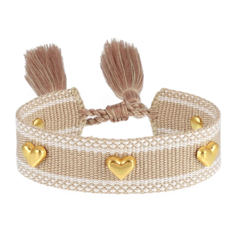 Kawaii Heart Studded Woven Bracelet 🌈✨ | Vintage Tassel Charm for Trendy Arm Stacking 💖