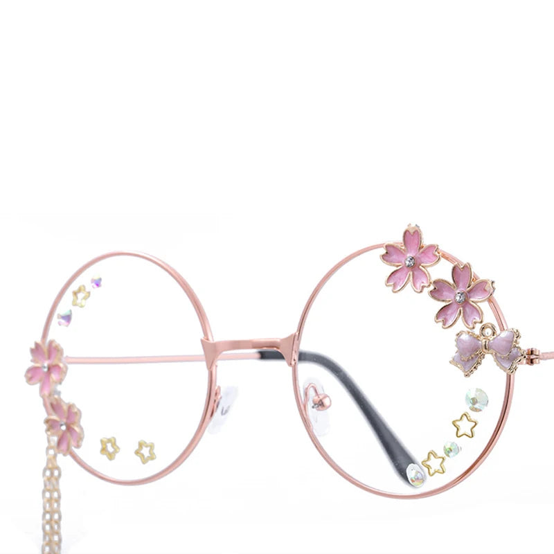 Kawaii Round Glasses with Sakura Chain 🌸✨ Cute Retro Eyewear for Cosplay & Daily Wear 👓💖
