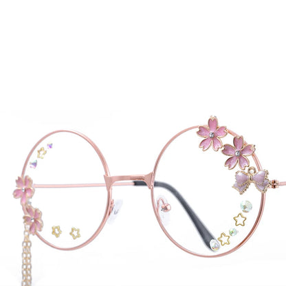 Kawaii Round Glasses with Sakura Chain 🌸✨ Cute Retro Eyewear for Cosplay & Daily Wear 👓💖