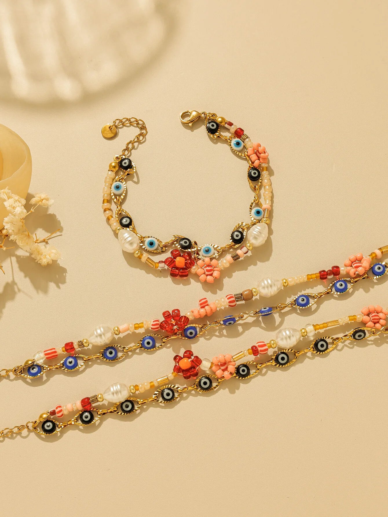 Stainless Steel Evil Eye Pearl Double Layer Bracelet For Women Enamel Rice Beads Jewelry With Lucky Turkish Charm 🧿✨💎