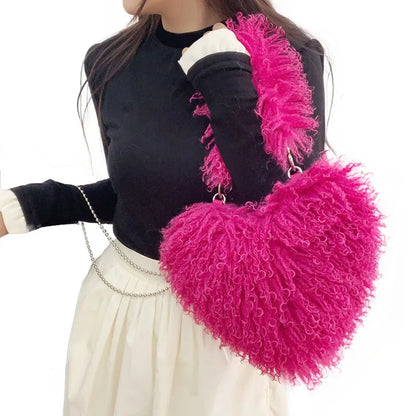 Kawaii Heart-Shaped Faux Fur Tote 🌈💕 | Adorable Oversized Handbag for Fashionable Women 👜✨