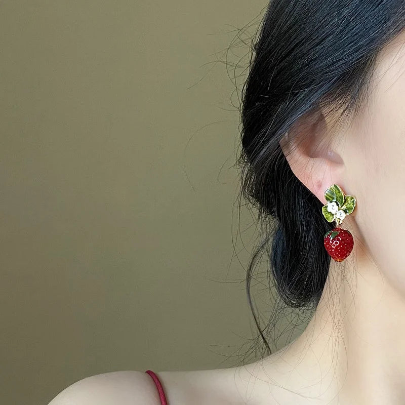 Kawaii Strawberry Blossom Drop Earrings 🍓✨ | Cute 3D Fruit & Leaf Jewelry for Girls 🌼💖