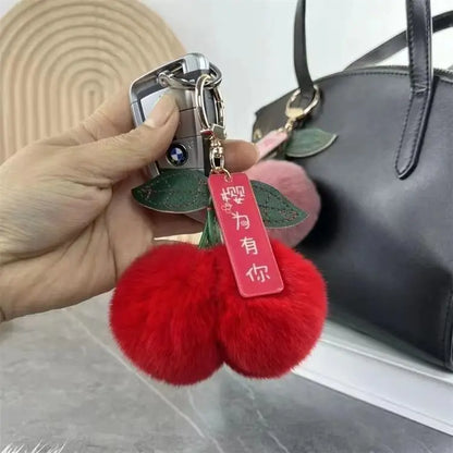 Fluffy Rex Rabbit Fur Ball Pompom Leaf Keychain Cherry Charm 🐰🍒✨