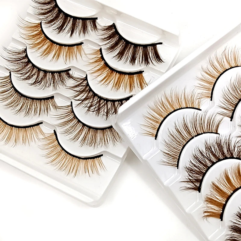🌈 Kawaii 5 Pairs Faux Mink Brown Strip Lashes ✨ Whimsical Eye Extensions for Fun Looks! 🥳