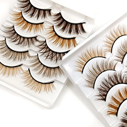 🌈 Kawaii 5 Pairs Faux Mink Brown Strip Lashes ✨ Whimsical Eye Extensions for Fun Looks! 🥳