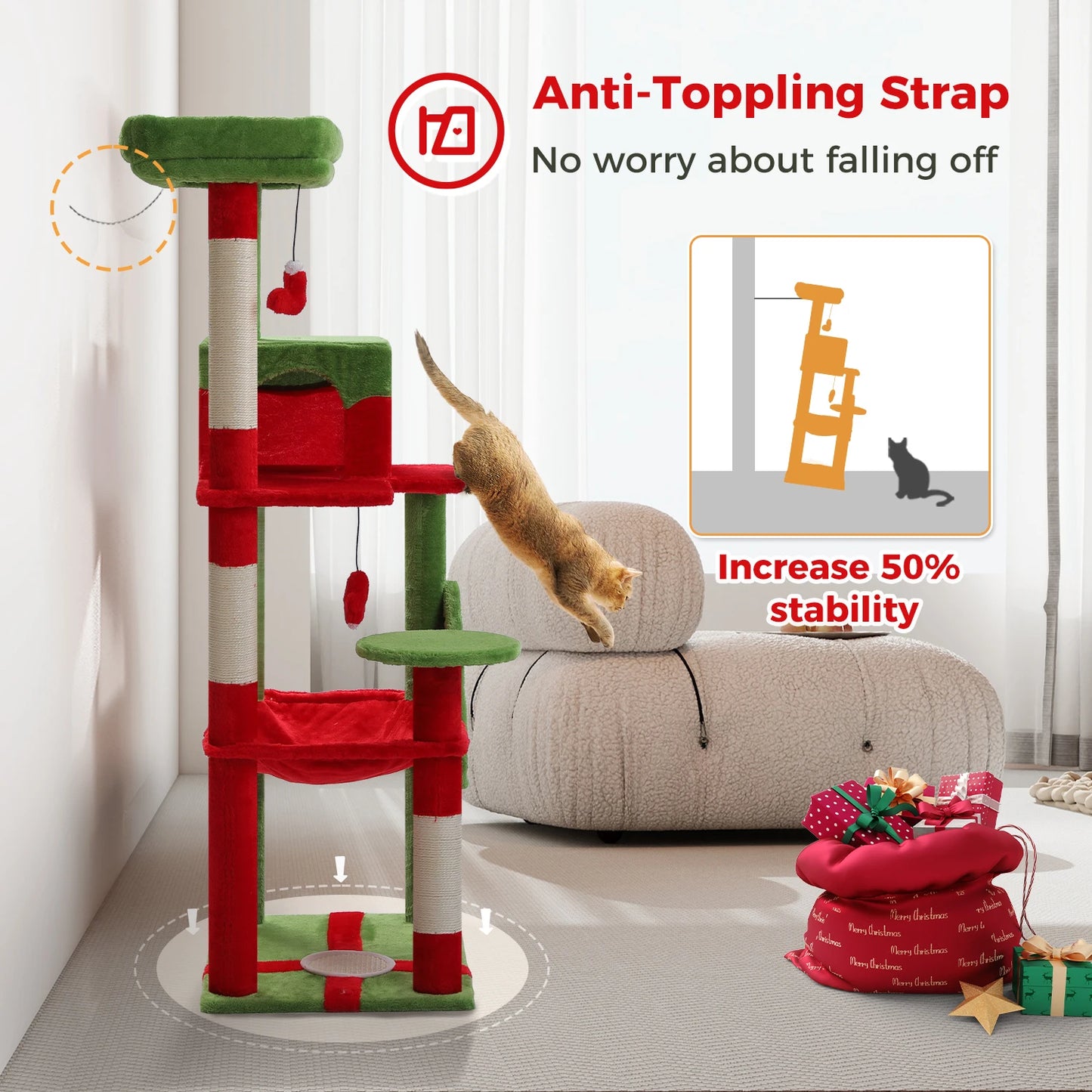 Christmas Cat Tree Tower For Indoor Cats 🎄🐾 Four Levels With Hammock Cozy Condo