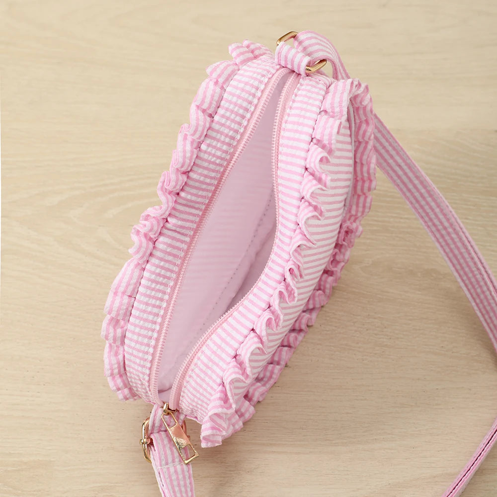 Kawaii Ruffle Heart Crossbody Bag 💖 | Cute Pink Striped Mini Purse for Girls 🌸✨ | Stylish Outdoor Travel Sling Bag 🎒