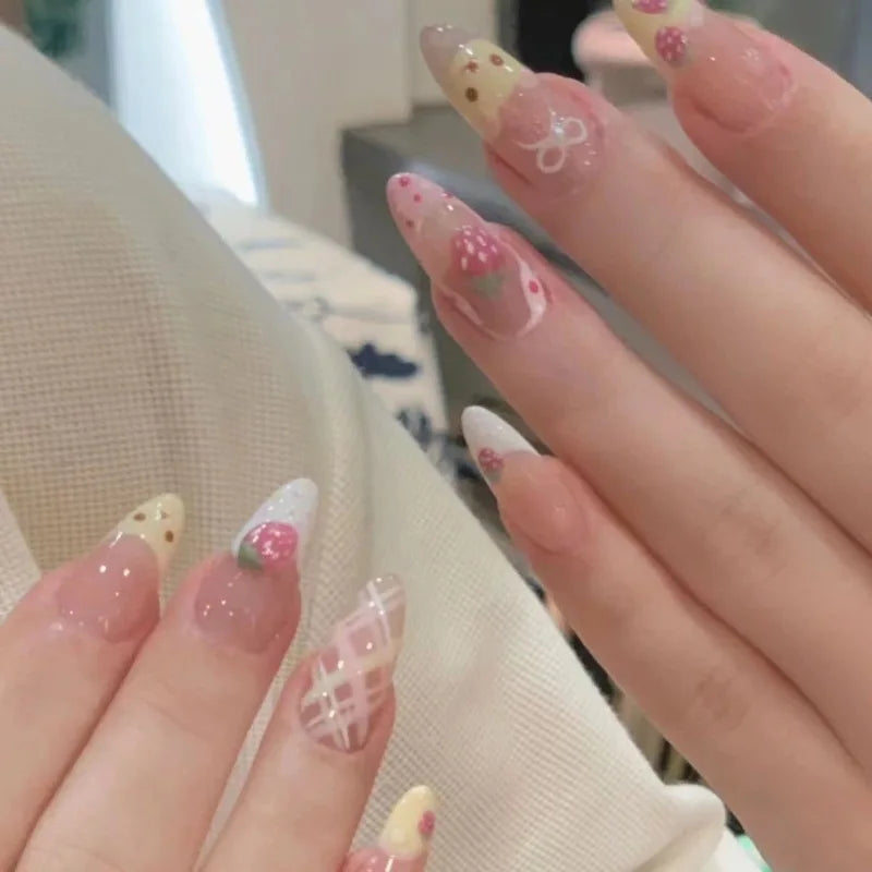 Kawaii Pink Strawberry Bear Almond Press-On Nails 🍓🐻 | 10Pcs Cute Acrylic Full Cover Tips for Summer 🌸✨