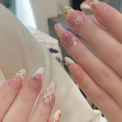 Kawaii Pink Strawberry Bear Almond Press-On Nails 🍓🐻 | 10Pcs Cute Acrylic Full Cover Tips for Summer 🌸✨