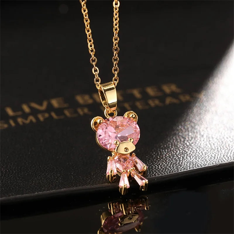 Pink Zircon Necklace Personalized 🐰🌸 Animal Clavicle Chain Stainless Steel