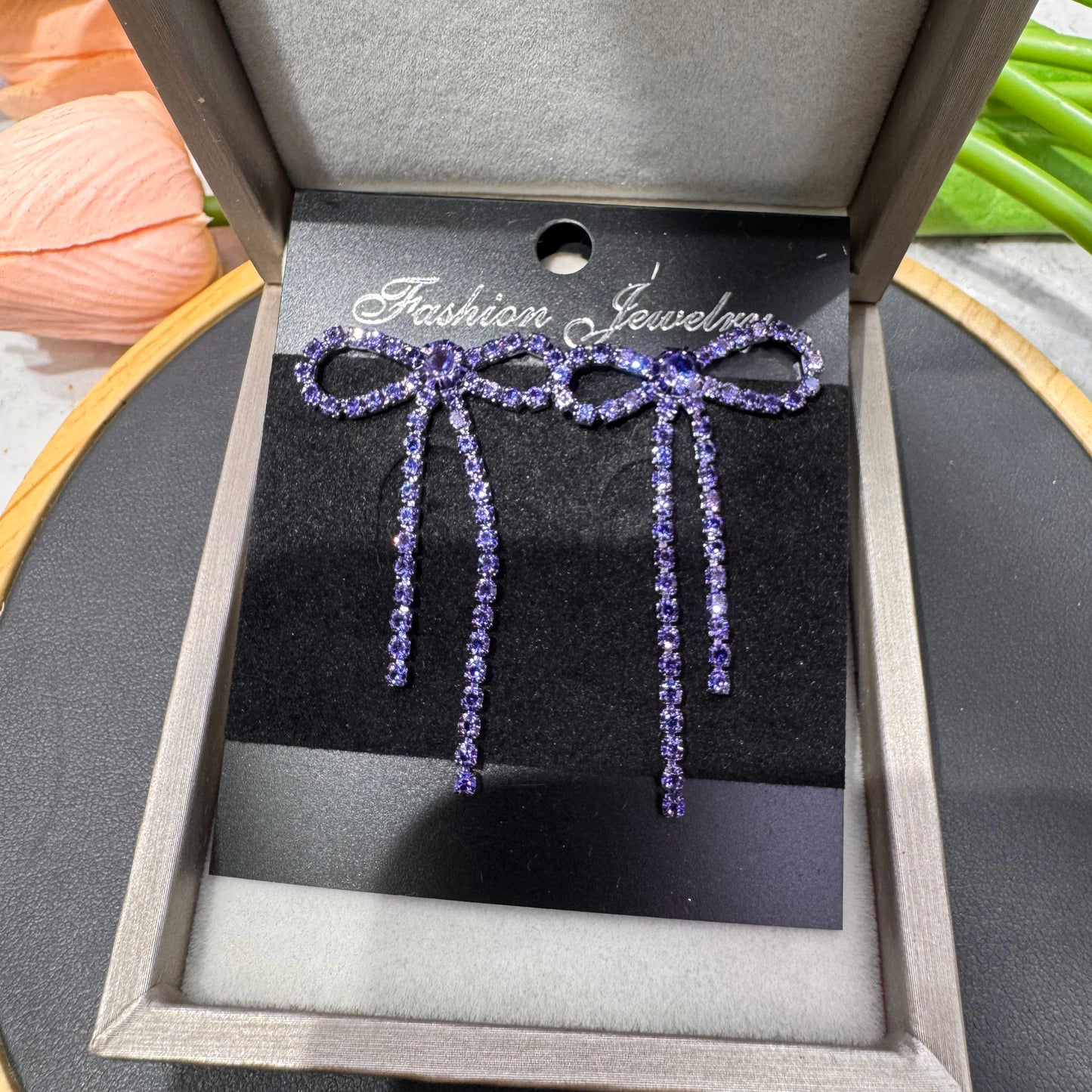 Kawaii Charm ✨ Colorful Rhinestone Bow Dangle Earrings with Long Tassels 🌈 Cute Sparkly Jewelry for Women