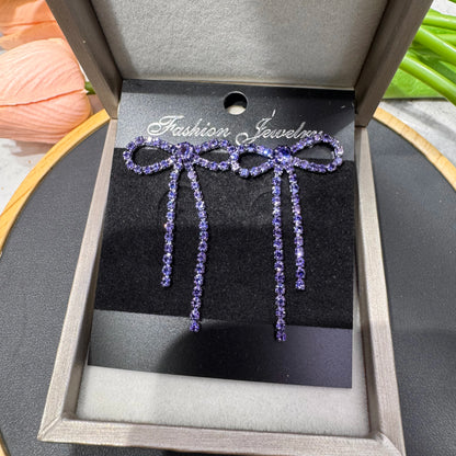 Kawaii Charm ✨ Colorful Rhinestone Bow Dangle Earrings with Long Tassels 🌈 Cute Sparkly Jewelry for Women