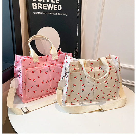 Kawaii Cherry Blossom Tote Bag 🍒✨ - Cute Multi-Pocket Canvas Handbag for Women | Perfect for Work & Travel ❤️👜