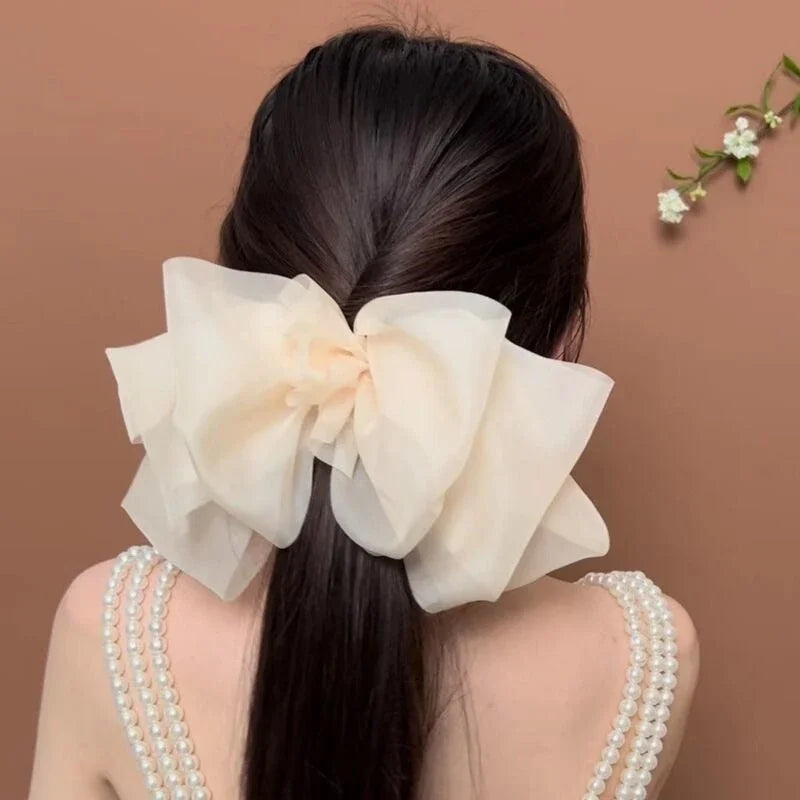 Charming Chiffon Bow Banana Clip 🎀✨ for High Ponytails – Vintage Style Hair Accessory 🐒🌸 - Pixie Quill