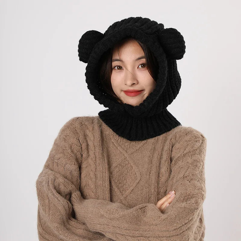 Y2K Winter Knit Balaclava Hat For Women 🐻 Cute Bear Beanie Hooded Scarf