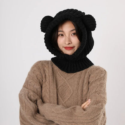 Y2K Winter Knit Balaclava Hat For Women 🐻 Cute Bear Beanie Hooded Scarf