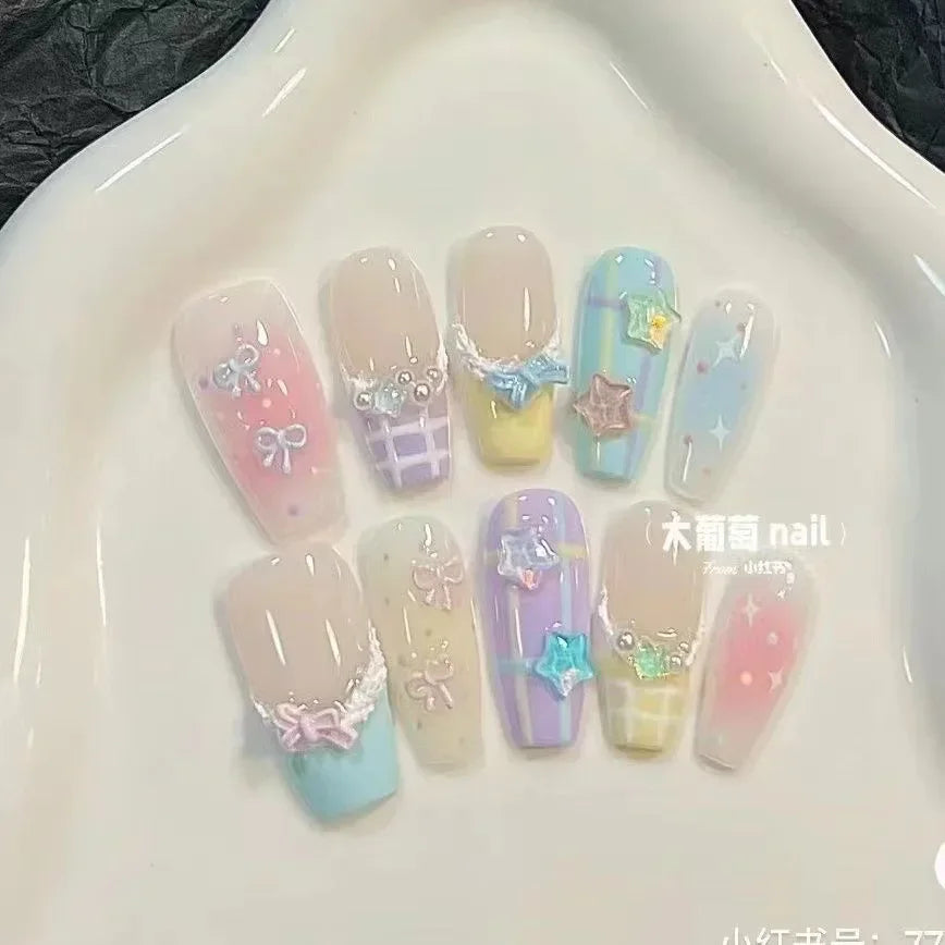 Kawaii Candy Color 10Pcs Press-On Nails 🍬✨ | Adorable Handmade Faux Nails for a Playful Look! 💅💕