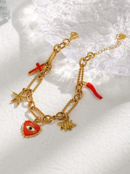 Stainless Steel Charm Bracelet For Women Playful Vintage Thread Stitching Eyes Starfish Bee Cross Pepper Charms ✨🐝⭐🌶