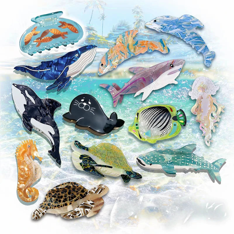 Ocean Friends Hair Claw Clip Acetate Dolphin Seahorse Jellyfish Clip For Women 🐬