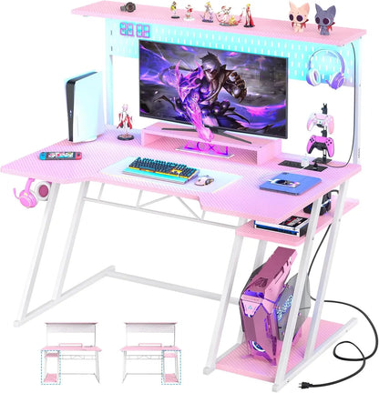 Kawaii Pink Gaming Desk 🌸✨ with LED Lights, Storage Shelves & Pegboard | Perfect for Gamers 🎮💖