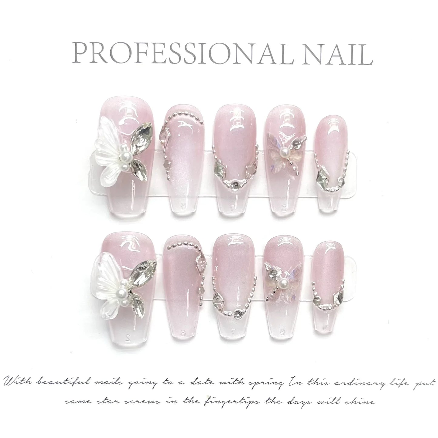 Kawaii 10-Piece Pink Coffin Press-On Nails with 3D Rhinestones & Butterfly Design 🦋💖✨ - Reusable & Easy to Apply!