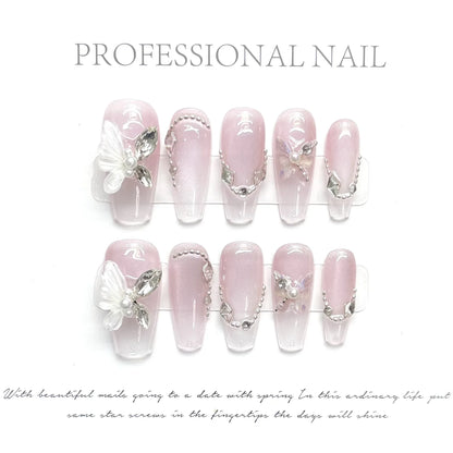 Kawaii 10-Piece Pink Coffin Press-On Nails with 3D Rhinestones & Butterfly Design 🦋💖✨ - Reusable & Easy to Apply!