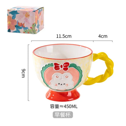 Charming Kawaii 450ml Hand-Painted Ceramic Mug ☕️✨ Cute Breakfast Oatmeal Cup for Joyful Mornings! 🎉