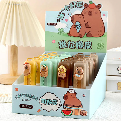 Kawaii Push Pull Capybara Eraser Cute Funny Pencil Rubber Kids Telescopic Eraser Office Supplies School Stationery Gift