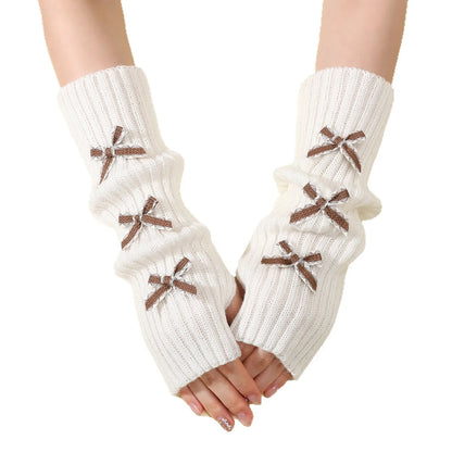 Y2K Bow Fingerless Gloves For Women Knit Arm Warmers Hands Free Winter 😺🧶❄️