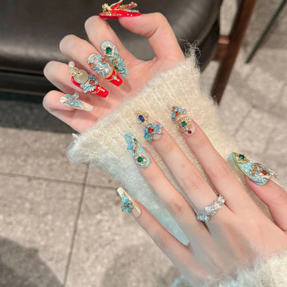 Kawaii Dragon & Phoenix Nail Art Set 🐉✨ | 10pcs Colorful Press-On Nails with Diamond & Gold Chain Decor 💖💅