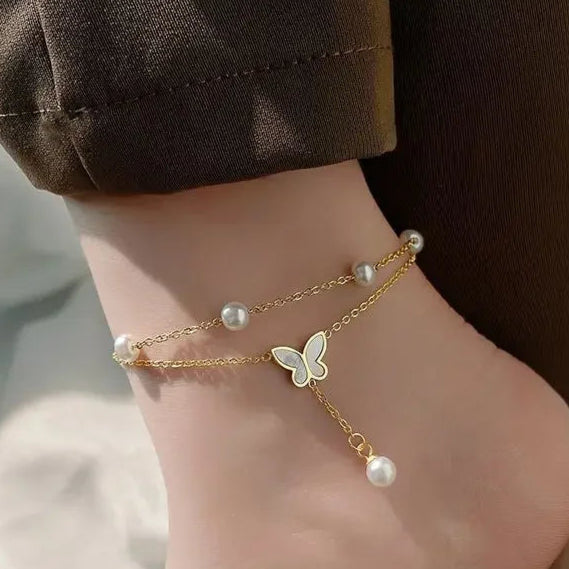 Kawaii Charm Anklet 🌸✨ - 2-Layer Pearl & Butterfly Shells, Trendy Beach Jewelry for Stylish Ladies 🦋💖