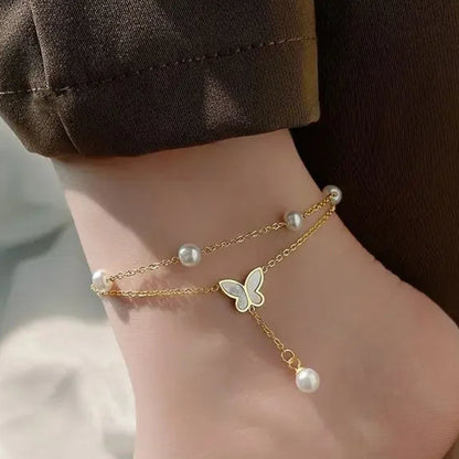 Kawaii Charm Anklet 🌸✨ - 2-Layer Pearl & Butterfly Shells, Trendy Beach Jewelry for Stylish Ladies 🦋💖