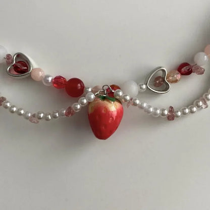 Kawaii Strawberry Pearl Choker 🍓✨ | Handmade Beaded Necklace | Adjustable Cute Gift for Her! 🌟