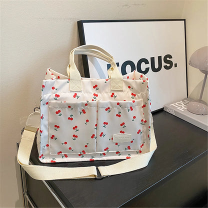 Kawaii Cherry Blossom Tote Bag 🍒✨ - Cute Multi-Pocket Canvas Handbag for Women | Perfect for Work & Travel ❤️👜