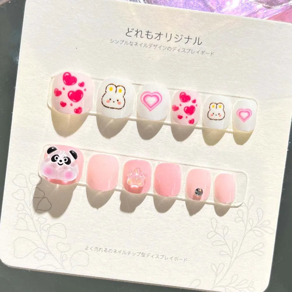 Kawaii Bunny Flower Fake Nails 🌸🐰 | Adorable Cartoon Nail Art for Kids 💅✨ - 12 Pcs Set