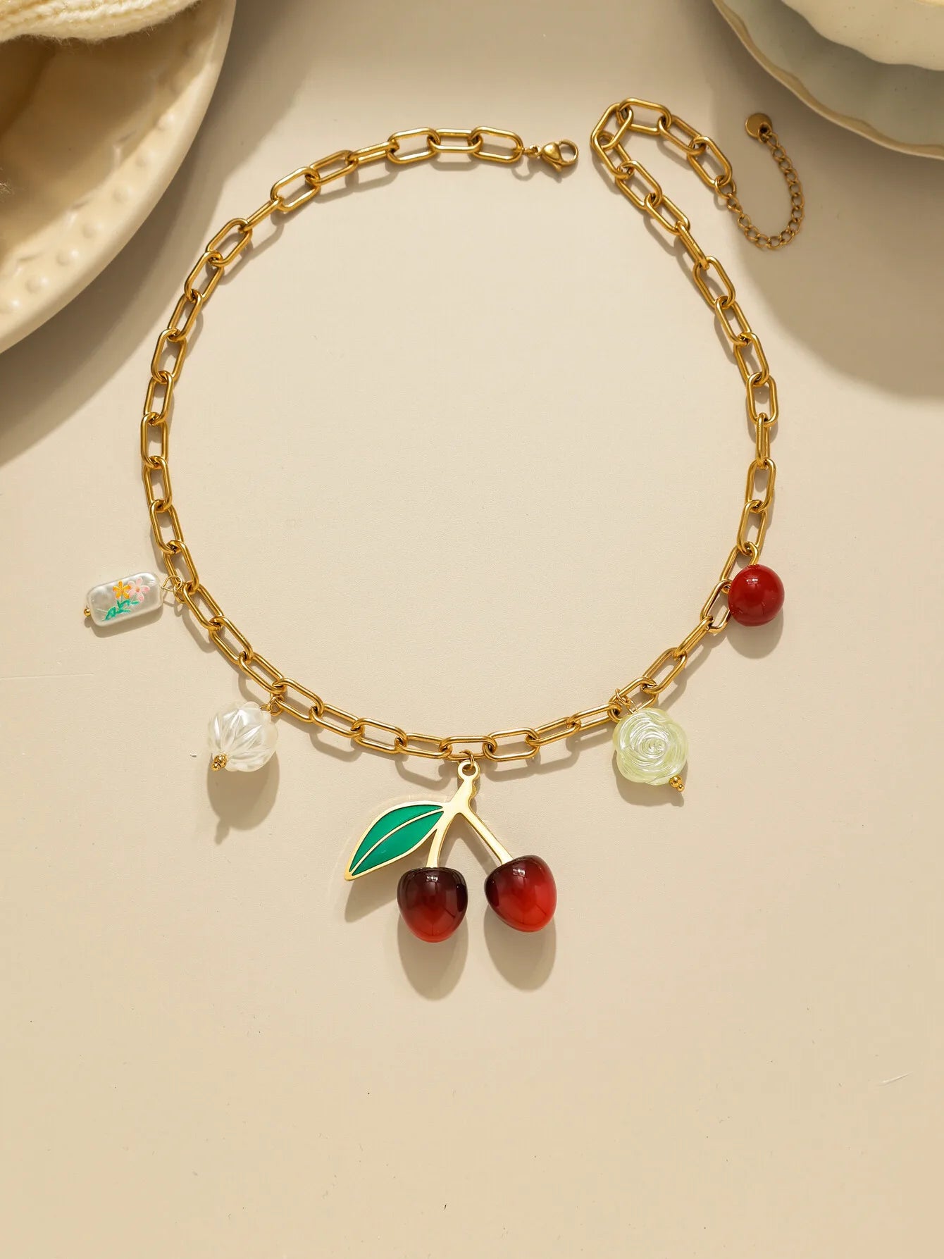 Whimsical Fruit Pendant Necklace 18K Gold Plated Stainless Steel Oil Dripping Cherry Pearl Tulip Acrylic Charm 🍒🌸