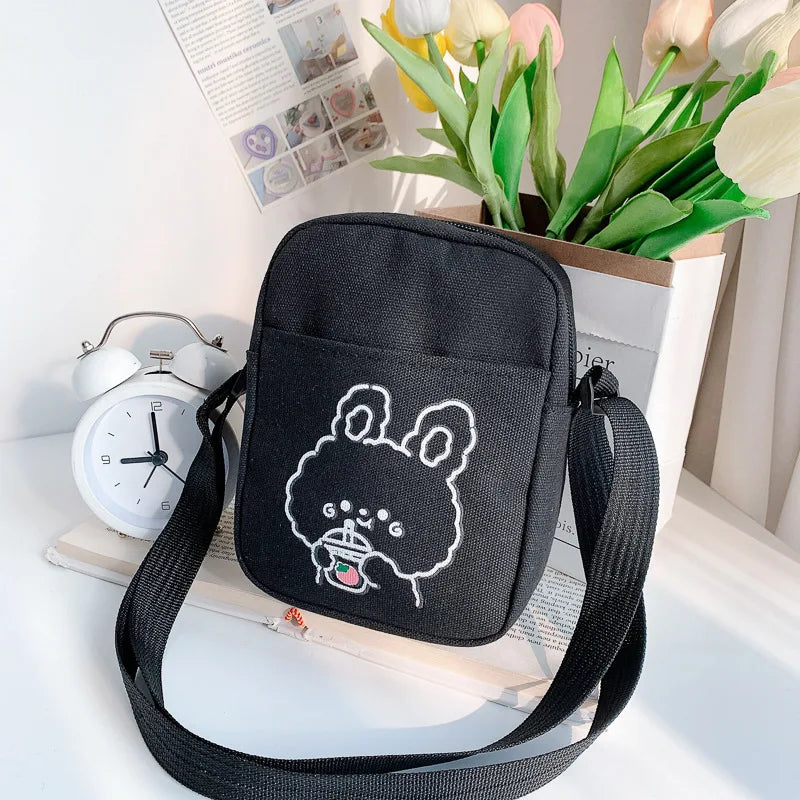 🐻✨ Adorable Bear & Bunny Canvas Crossbody Bag for Girls 🌸 Mini Chic Shoulder Purse! 👜💖 - Pixie Quill