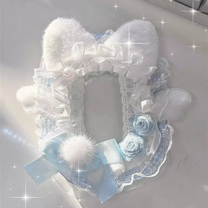 Kpop Idol Photo Holder Poker Storage Decor with Lace and Ribbon Plush Ears Cute Photocard Top Loader
