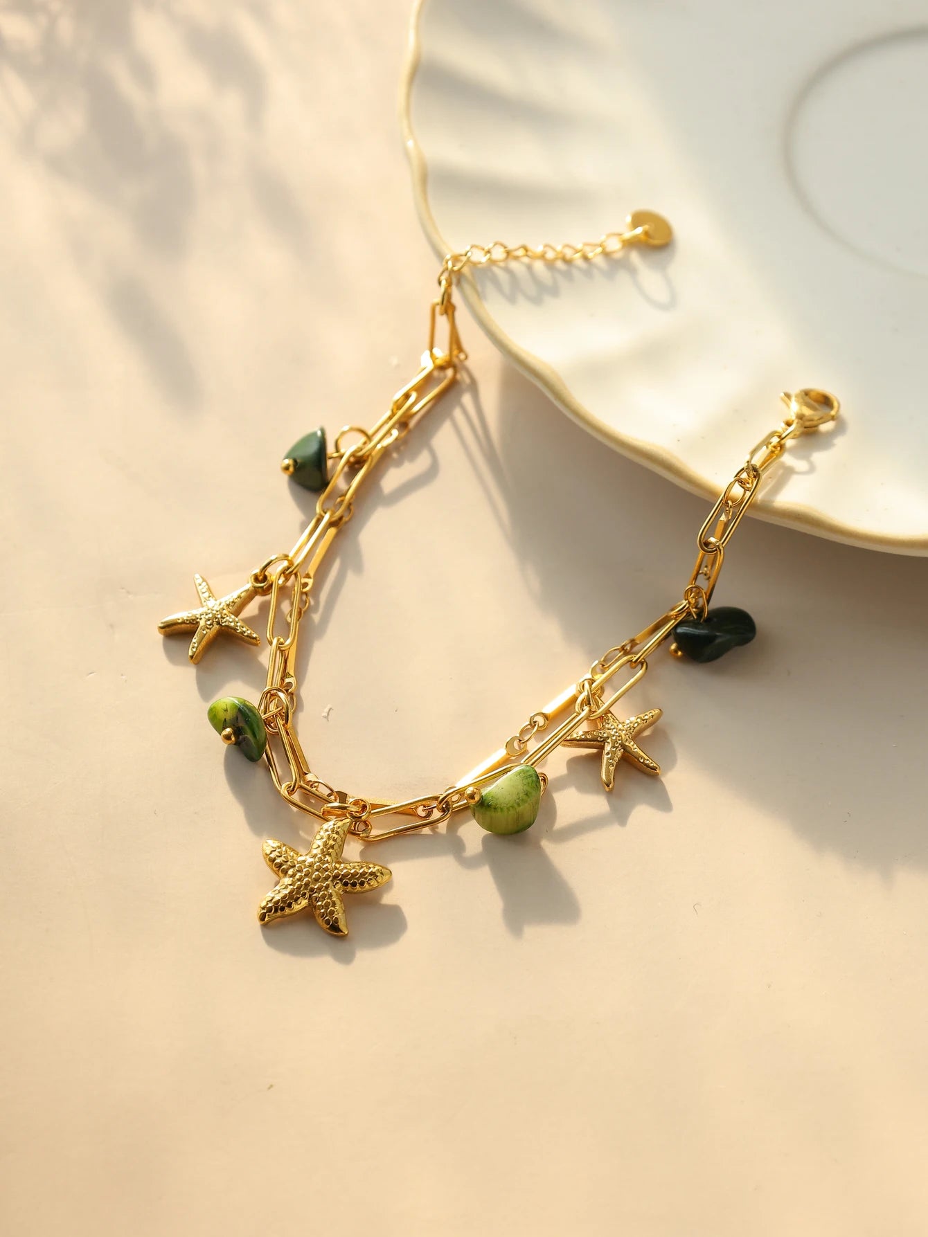 Pastel Moon Sun Starfish Pendant Double Layer Natural Stone Bracelet For Women Waterproof Beach Party Gift 🪸🌙✨💖