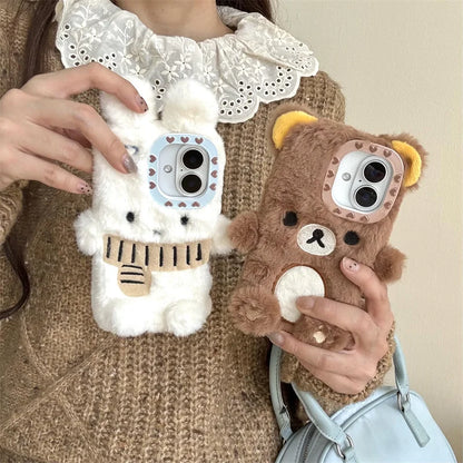 Kawaii Plush Bunny Teddy Bear Phone Case 🐰✨ for iPhone 12-16 Pro Max – Adorable Custom Scarf Design!