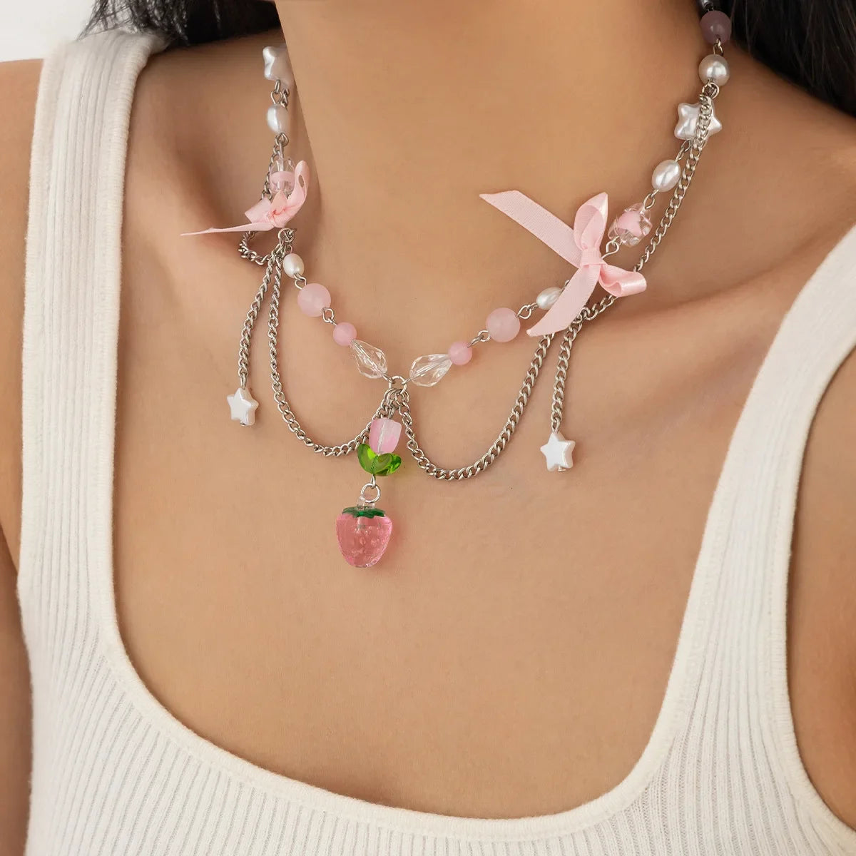 Kawaii Strawberry Pearl Choker 🍓✨ | Sweet Aesthetic Necklace for Women 🌸💕