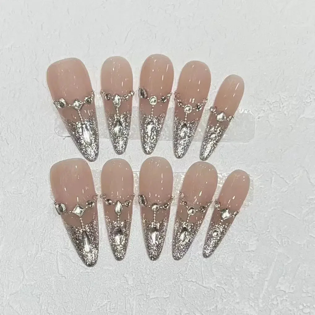 Kawaii 10-Piece Rhinestone Almond Press-On Nails ✨💅 | Handmade Acrylic Nail Art Set for Adorable Looks! 🌟