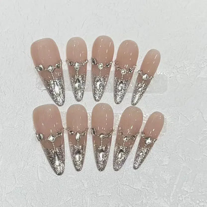 Kawaii 10-Piece Rhinestone Almond Press-On Nails ✨💅 | Handmade Acrylic Nail Art Set for Adorable Looks! 🌟