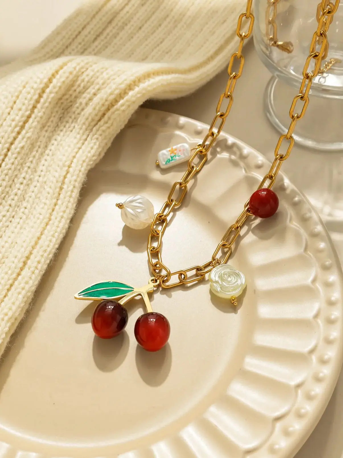 Whimsical Fruit Pendant Necklace 18K Gold Plated Stainless Steel Oil Dripping Cherry Pearl Tulip Acrylic Charm 🍒🌸