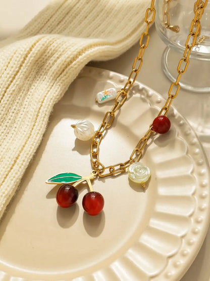Whimsical Fruit Pendant Necklace 18K Gold Plated Stainless Steel Oil Dripping Cherry Pearl Tulip Acrylic Charm 🍒🌸